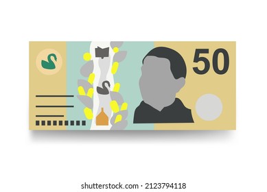 Australian Dollar Vector Illustration. Australia money set bundle banknotes. Paper money 50 AUD. Flat style. Isolated on white background. Simple minimal design.