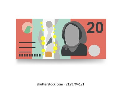 Australian Dollar Vector Illustration. Australia money set bundle banknotes. Paper money 20 AUD. Flat style. Isolated on white background. Simple minimal design.