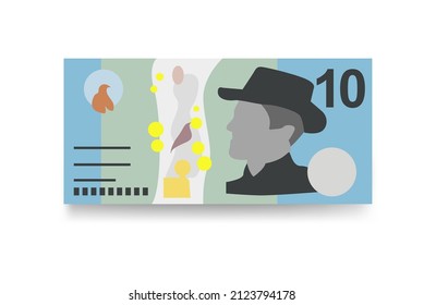 Australian Dollar Vector Illustration. Australia money set bundle banknotes. Paper money 10 AUD. Flat style. Isolated on white background. Simple minimal design.