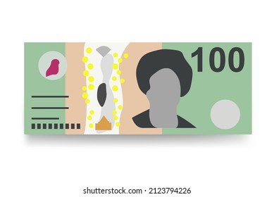 Australian Dollar Vector Illustration. Australia money set bundle banknotes. Paper money 100 AUD. Flat style. Isolated on white background. Simple minimal design.