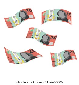 Ilustración del vector del dólar australiano. Billetes en paquete de Australia. Caída, dinero volador 20 AUD. Estilo plano. Aislado sobre fondo blanco. Diseño sencillo y mínimo.