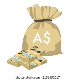 Australian Dollar Vector Illustration. Australia Money Set Bundle Banknotes. Money Bag 50 AUD. Flat Style. Isolated On White Background. Simple Minimal Design.