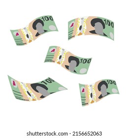Australian Dollar Vector Illustration. Australia money set bundle banknotes. Falling, flying money 100 AUD. Flat style. Isolated on white background. Simple minimal design.