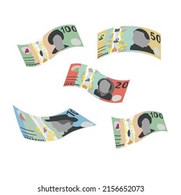 Ilustración del vector del dólar australiano. Billetes en paquete de Australia. Caer, volar dinero 10, 20, 50, 100 AUD. Estilo plano. Aislado sobre fondo blanco. Diseño sencillo y mínimo.