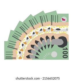 Australian Dollar Vector Illustration. Australia Money Set Bundle Banknotes. Paper Money 100 AUD. Flat Style. Isolated On White Background. Simple Minimal Design.