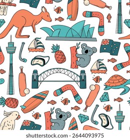 Australian doodles padrão sem costura para papel de parede, scrapbooking, papelaria, fundos, impressões têxteis, etc. EPS 10