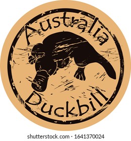 Australian duckbill silhouette icon round shabby emblem design old retro style. Duckbill in full growth logo mail stamp on craft paper vintage grunge sign. Waterfowl platypus mammal resembling reptile