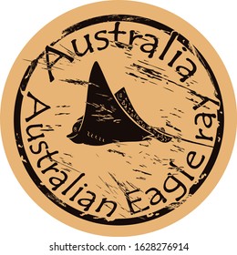 Australian Eagle ray in full growth vector silhouette icon round shabby emblem design old retro style. Devilfish logo mail stamp on craft paper. Shape Tropical skate, Stingray fish vintage grunge sign