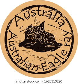Australian Eagle ray vector head silhouette icon round shabby emblem design, old retro style. Devilfish logo mail stamp on craft paper. Shape Tropical skate, Stingray fish vintage grunge sign.