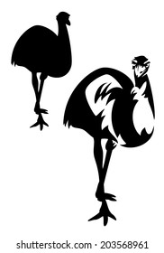 australian emu ostrich (dromaius novaehollandiae) bird black and white vector outline and silhouette