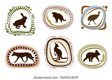 Australian ethnic patterns with animals silhouettes. Vector illustration