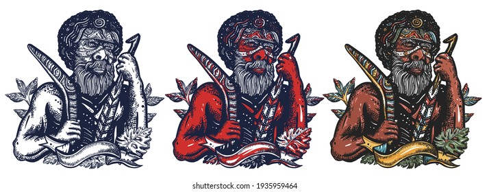 Hombre aborigen de la tribu étnica australiana. Guerrero antiguo. Arte vectorial del tatuaje de la vieja escuela. Juego de personajes de caricatura dibujado a mano. Aislado en blanco. Estilo tradicional de tatuaje. Arte de Australia