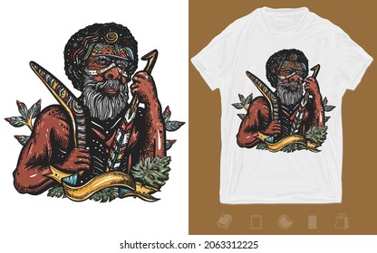 Australian ethnic tribe aboriginal man. Ancient warrior. Old school tattoo vector art. T-shirt design. Creative print for clothes. Template for posters, textiles, apparels 