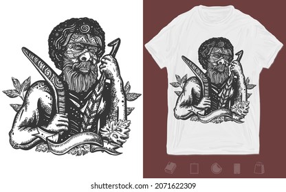 Australian ethnic tribe aboriginal man. Ancient warrior. Black and white template for posters, textiles, apparels. Old school tattoo vector art. T-shirt design. Creative print for clothes
