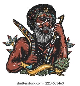 Australian ethnic tribe aboriginal man. Ancient warrior. Old school tattoo vector art. Hand drawn graphic. Isolated on white. Traditional flash tattooing style