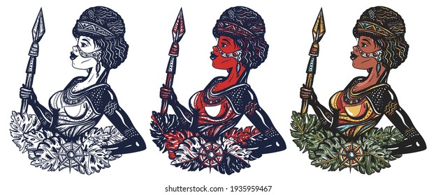 Australian Ethnic Tribe Aboriginal Woman. Ancient Warrior Girl. Old School Tattoo Vector Art. Hand Drawn Cartoon Character Set. Isolated On White. Traditional Tattooing Style. Australia Art