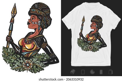 Australian ethnic tribe aboriginal woman. Ancient warrior girl. Old school tattoo vector art. T-shirt design. Creative print for clothes. Template for posters, textiles, apparels 