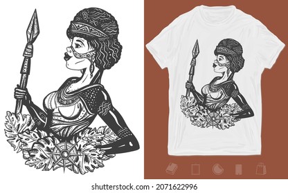 Australian ethnic tribe aboriginal woman. Black and white t-shirt design. Creative print for clothes. Template for posters, textiles, apparels. Ancient warrior girl. Old school tattoo vector art