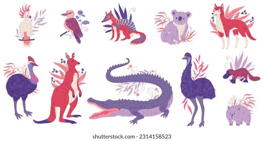 Australian exotic animals characters set, flat vector illustration isolated on white background. Animals and wild fauna native to Australia set of characters.