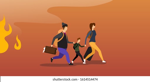 Australian Family Running From Forest Fires In Australia Parents And Child With Baggage Evacuation Wildfire Bushfire Natural Disaster Concept Intense Orange Flames Horizontal Full Length Vector