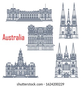 Australian famous building landmarks, architecture. Vector Parliament Melbourne, Saint Patricks and Pauls Cathedrals, Queen Victoria Palace, Sydney Town Hall. Australian travel landmarks