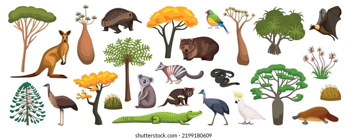 Australian fauna and flora flat set with animals birds and plants isolated on white background vector illustration - Shutterstock ID 2199180609