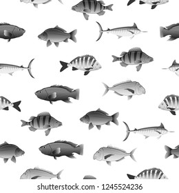 Australian fish variety black and white seamless pattern