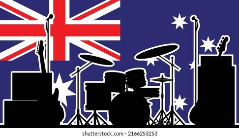 Australian flag as a bakground to a rock band silhouette