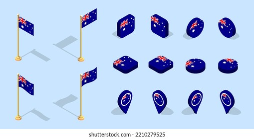 Bandera australiana (Commonwealth de Australia). Icono de conjunto de indicadores isométricos 3D. Vector editable para banner, afiche, presentación, infografía, sitio web, aplicaciones, mapas y otros usos.