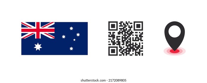 Australian flag. Flag of the country, QR code with location pointer. Vector images