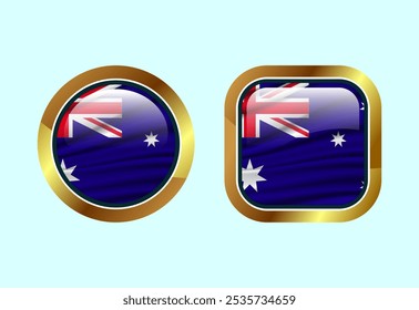 Australian Flag Icons Round and Square Glossy Buttons Set Golden Border Symbols