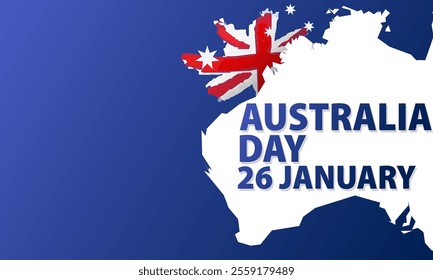 Australian flag map with greeting text Australia day 26 January banner, card, web, background. Space for speech, advertising, information blue template layout