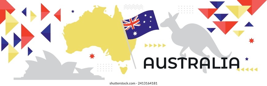 Australian flag and map with Kangaroo and Sydney Opera House landmark silhouettes. Abstract geometric banner design with blue, red and yellow shapes. Australia national day, Labour Day