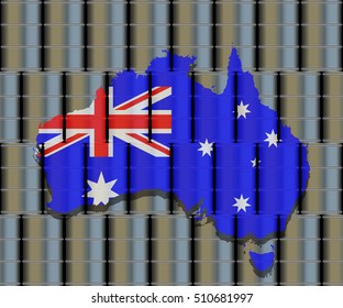 Australian flag map on oil barrels. Commercial oil storage energy concept. 