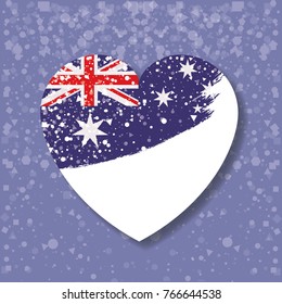 australian flag on heart in light purple background with confetti