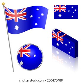 Australian Flag On A Pole, Badge And Isometric Designs Vector Illustration. 