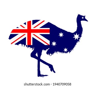 Australian flag over emu bird vector silhouette illustration isolated on white background. Emu flag Australia.