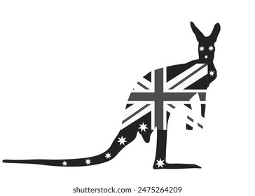 Australische Flagge über Känguru Vektorgrafik Silhouette Illustration isoliert auf weißem Hintergrund. In: Kangaroo Flag Australia Graphic. Patriotisches Zeichen über Nationaltier. Nationalsymbol und Touristeneinladung.