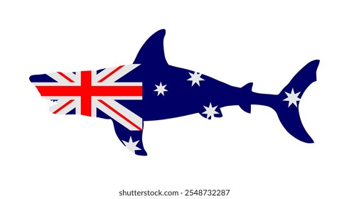 Australian flag over Shark vector silhouette illustration isolated. Sea predator. Danger beach alert. Open jaws beast. The biggest fear for divers and swimmers. Under water alert for diving swimming