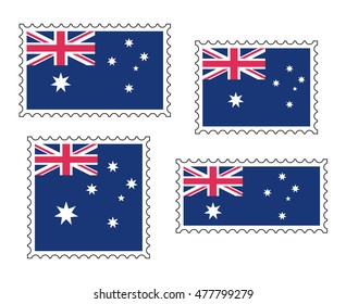 Australian flag postage stamp set, isolated on white background, vector illustration.