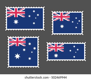 Australian flag postage stamp set, isolated on grey background, vector illustration.