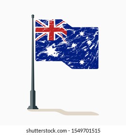 Australian flag with scratches, vector flag of Australia waving on flagpole with shadow.