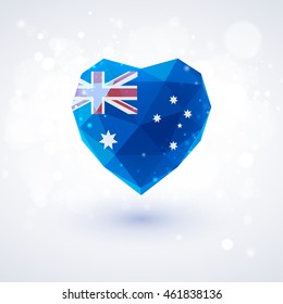 Australian flag in shape of diamond glass heart in triangulation style for info graphics, greeting card, celebration of Independence Day, printed materials 