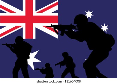 The Australian Flag And The Silhouette Of A Soldier With Red Arm Band