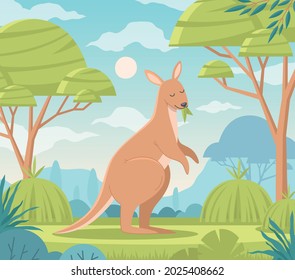 Australian flat composition with cute cartoon kangaroo character at nature landscape background vector illustration