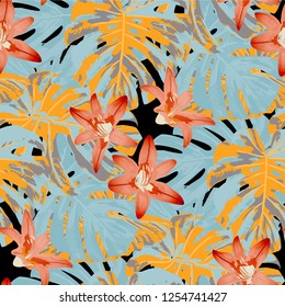 Australian Flowers. Seamless Pattern with Brasilian Jungle. Vintage Colorful Texture with Tropical Leaves and Flowers for Print, Cloth, Textile. Vector Seamless Background.