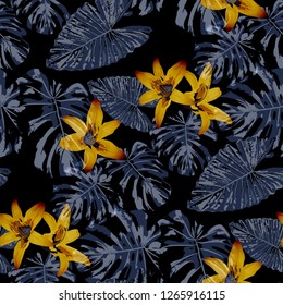 Australian Flowers. Seamless Pattern with Indian Jungle. Vintage Texture with Exotic Leaves and Flowers for, Dress, Shirt, Underwear. Vector Seamless Pattern with Australian Flowers