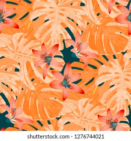 Australian Flowers. Seamless Pattern with Indian Rainforest. Modern Texture with Exotic Leaves and Flowers for, Tablecloth, Paper, Shirt. Vector Seamless Pattern with Australian Flowers