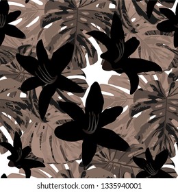 Australian Flowers. Seamless Pattern with Indonesian Jungle. Modern Texture with Exotic Leaves and Flowers for, Fabric, Swimwear, Wallpaper. Vector Seamless Pattern with Australian Flowers