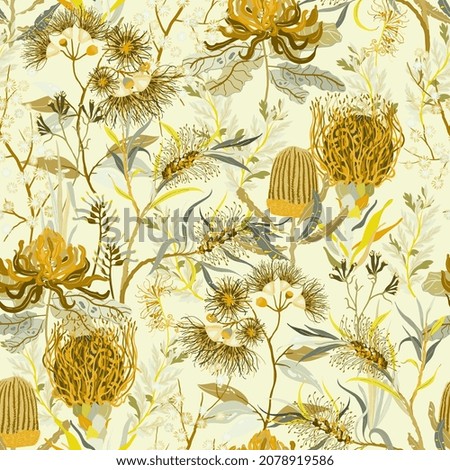 Australian flowers seamless pattern. Surface design for fabric, wallpaper, wrapping paper, scrapbooking, invitation card. Light yellow, beige, gold, ivory, cream color.